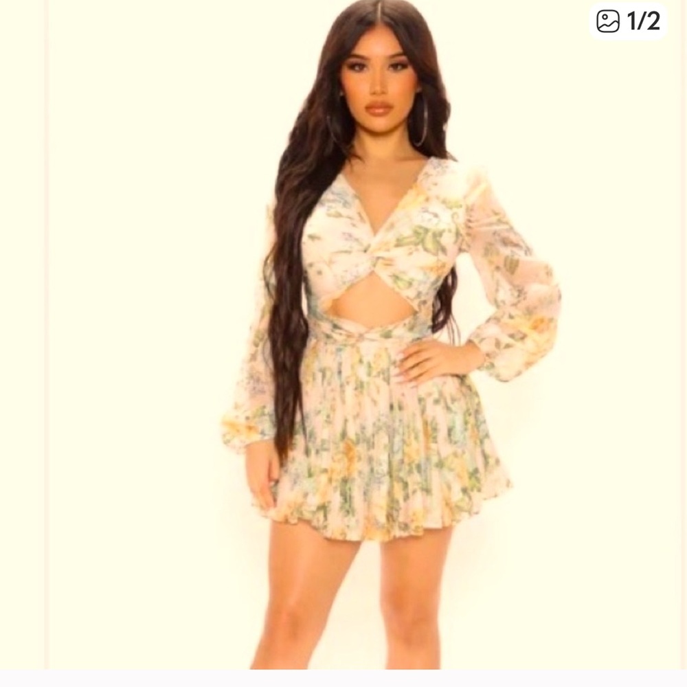 Fashion Nova Floral Long Sleeve Dress - Cream and Green - Picture 1 of 4